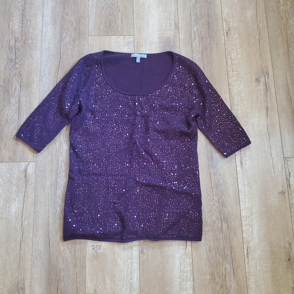 Neiman Marcus 100% Cashmere Sweater M Womens Brown Sequined Short Sleeve Top